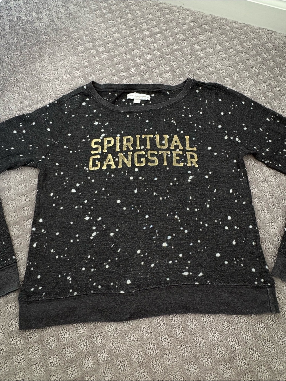 Spiritual Gangster Black Sweatshirt with White Splatter and Gold Logo Women’s S